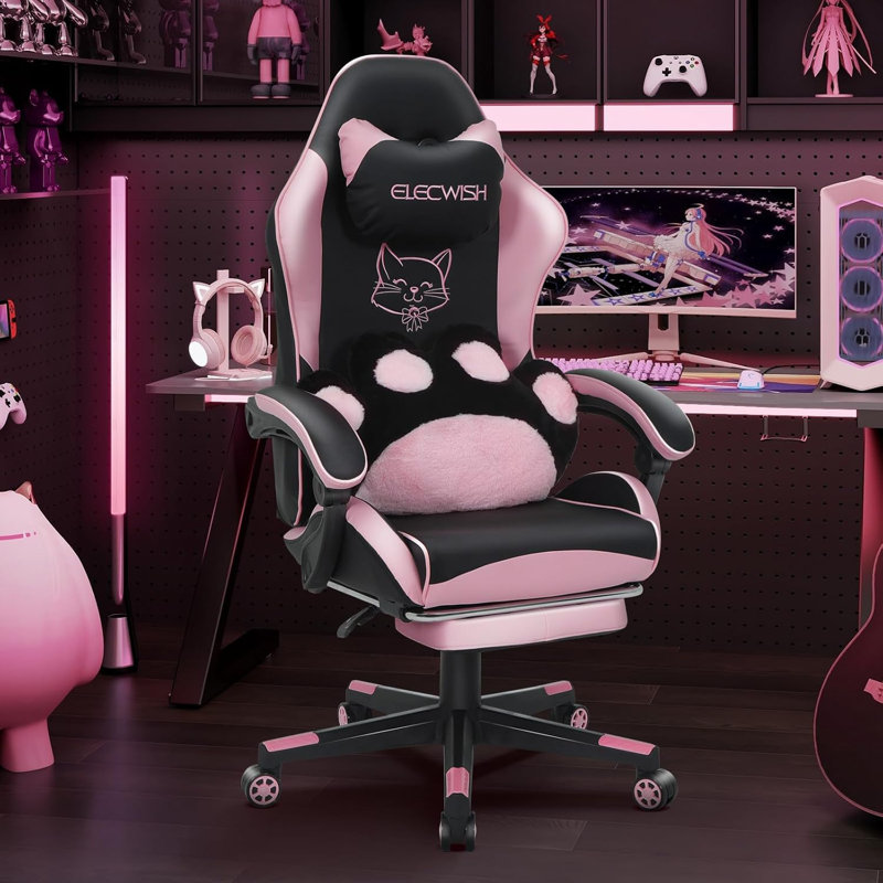 Pink Gaming Chair With Footrest Ergonomic Reclining Cute Gaming Chair With Massage Cat Paw Lumbar Cushion For Girl Adults Teens Black Pink